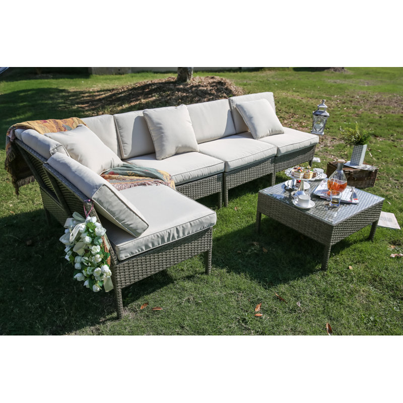 One Allium Way Bromborough 6 Piece Rattan Sectional Seating Group with